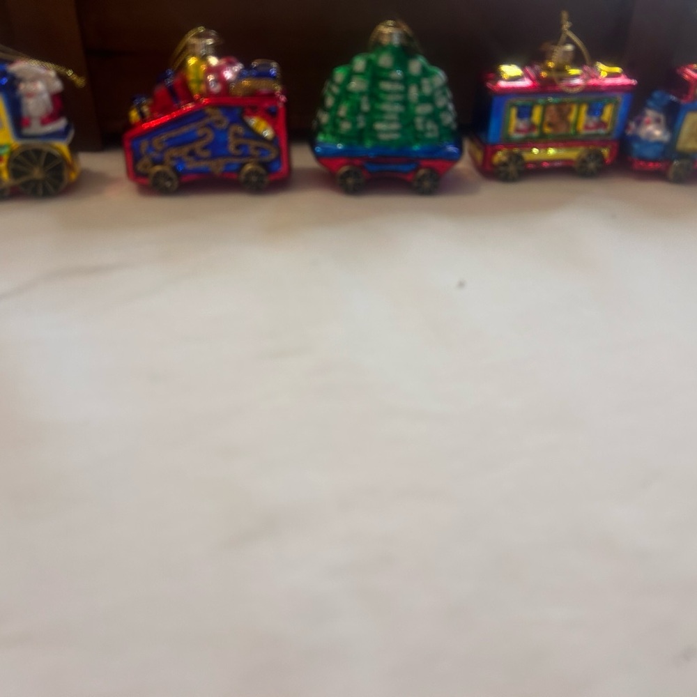 VTG 2003 Thomas Pacconi Collection SANTA’S TRAIN 5 Glass  Ornaments Wood Box